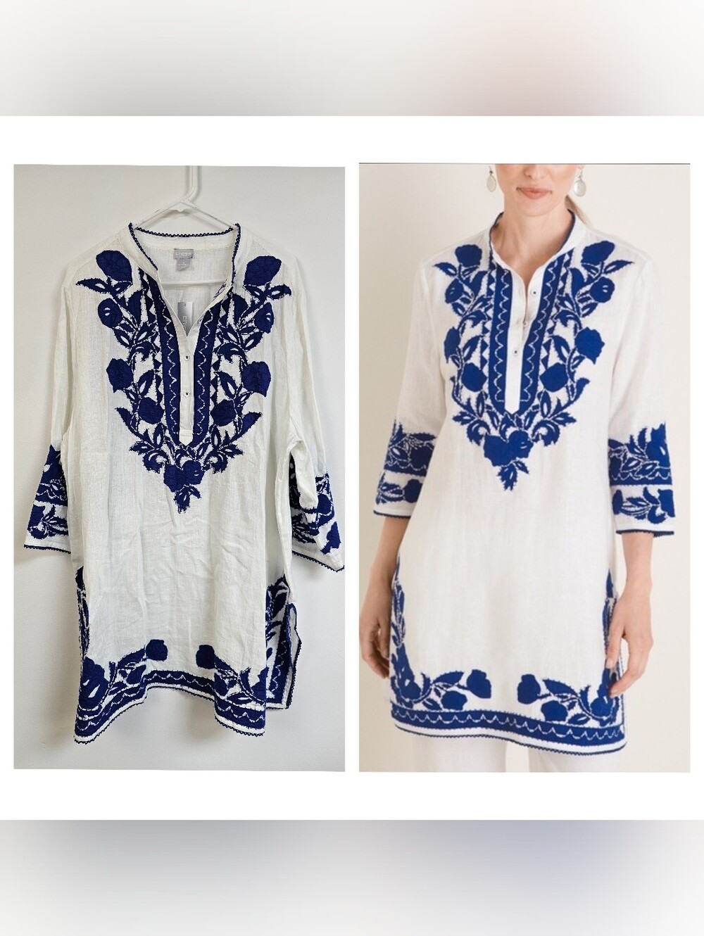 Chico's Plus Size Long Tunic Linen Floral Appliqued Embroidered Bohemian
